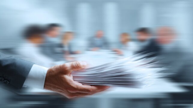 A blurred hand holds a stack of documents in a business meeting. Several people are seated in the background, engaged in discussion.