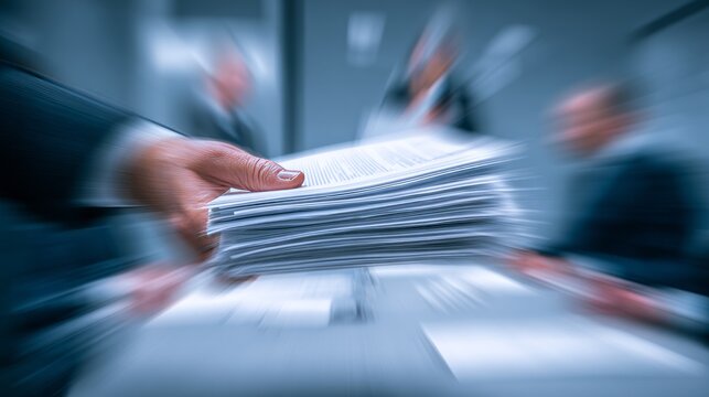 A blurred hand holds a stack of documents in a corporate meeting room. Business professionals are seated at a table, engaged in discussion.