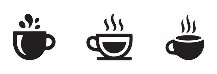 Modern coffee cup icon set,  silhouette collection with steam,  symbols cup cafe logo, vector illustration EPS 10.