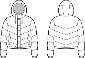 Puffer jacket, winter coat, quilted outerwear, hooded jacket, insulated fashion, technical sketch, garment design, front back view, flat vector illustration** © MDSHISHIRHASAN