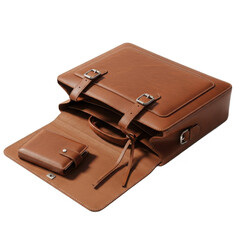 Classic brown leather satchel bag with buckle closure and front pocket open on a transparent background isolated on transparent background