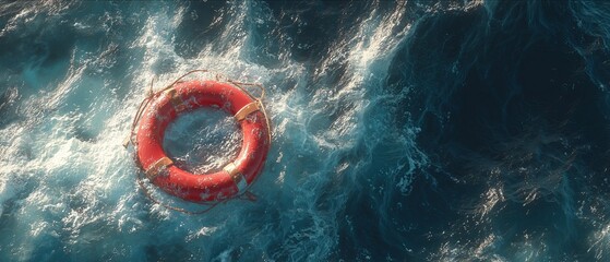 A red lifebuoy bobs in rough, churning waves under a stormy sky. Urgency, isolation, and the struggle against the elements.