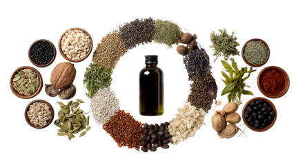 Various dried herbs and spices arranged in a circle around a dark bottle isolated on transparent background
