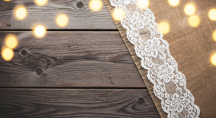 Rustic Charm: Burlap and Lace on Wood, Vintage Wedding Decor with Twinkling Lights, Country Chic Table Setting with Bokeh