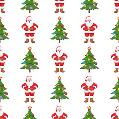 Christmas seamless pattern with Santa Claus figures and decorated fir trees on white. Festive, New Year decorative repeat print for textiles, wrapping. Editable vector illustration.