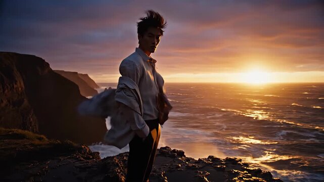 Wind-Swept Man Turns to Camera on a Dramatic Cliffside During a Golden Ocean Sunset