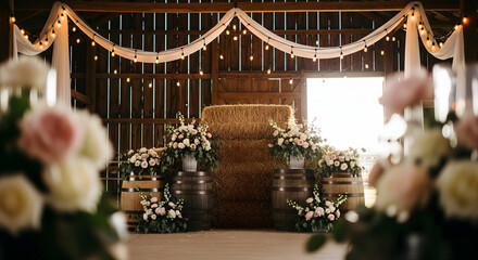 Romantic Barn Wedding Setup with Flowers and Lights, Hay Bales and Wine Barrels for a Rustic Wedding Decor