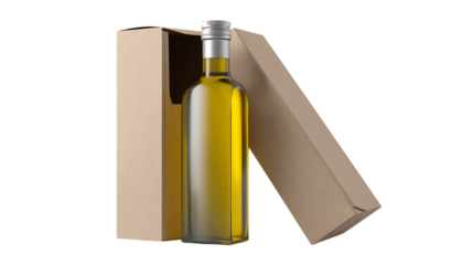 Olive oil bottle in cardboard box isolated on transparent background