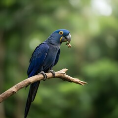 Obraz premium blue and yellow macaw parrot by a lush green leaf.