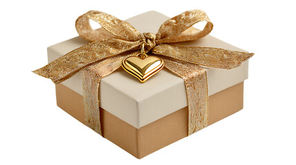 Cream and tan gift box with gold ribbon and heart charm isolated on transparent background