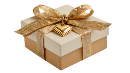Cream and tan gift box with gold ribbon and heart charm isolated on transparent background