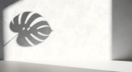 Monstera Leaf Shadow on Textured White Wall, Minimalist Interior with Plant Shadow, Monstera Shadow Minimalism