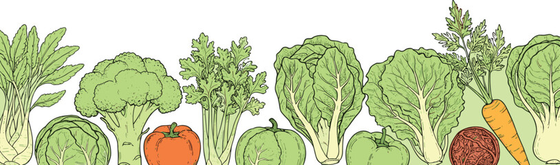Cad drawing flat vector illustration, vegetable icons pack, healthy food, fresh produce, carrot, tomato, spinach, beetroot, cabbage, broccoli