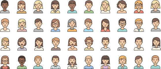 Cartoon avatars, diverse faces, flat design, pastel colors, user profile icons, multicultural characters, vector illustration, digital identity, social network, diversity