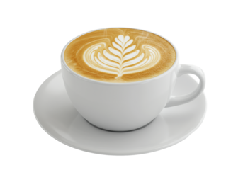 transparent ceramic coffee cup with hot latte, intricate fern leaf art on frothy crema, subtle steam, matching saucer, transparent background, copy space, soft studio light, high-key, Concept for