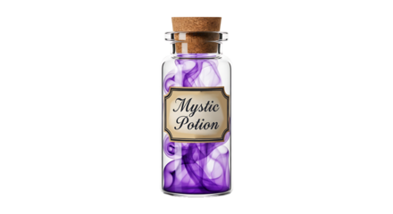 Glass bottle with purple mystic potion and cork stopper isolated on a transparent background