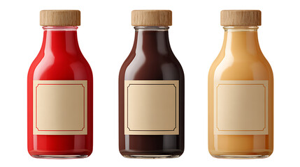 Three bottles of sauce with blank labels isolated on transparent background