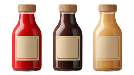 Three bottles of sauce with blank labels isolated on transparent background