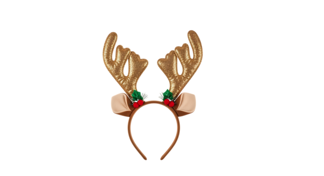 Golden reindeer antlers headband with holly and berries isolated on a transparent background