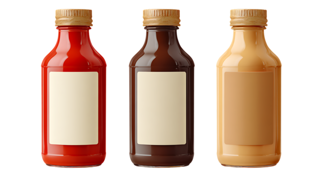 Three bottles with blank labels isolated on transparent background