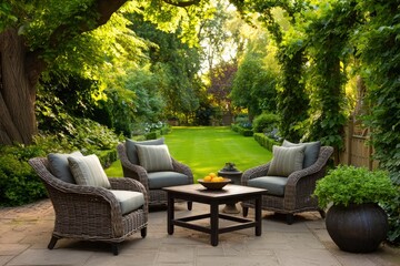 Luxurious wicker patio furniture set surrounded by lush green garden and sunlit lawn
