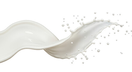 Highly photorealistic, dynamic splash of creamy white liquid with suspended spherical droplets, resembling milk or yogurt, on an immaculate white studio background with copy space concept for premium