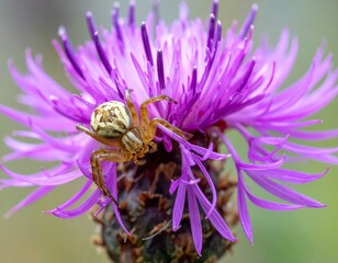 A close-up showcases a brown and white spider poised on a vibrant purple flower. The petals are detailed with long, narrow shapes
