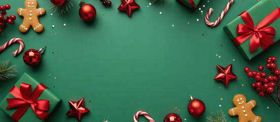Christmas decorations with gift box on green background. 3d rendering
