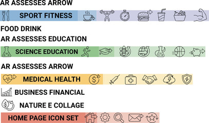 Categorized icon set, fitness, food, education, medical, business, homepage symbols, colorful vector layout, flat design illustration