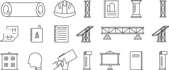 Civil engineering icons, construction tools, blueprint elements, infrastructure symbols, line style, vector illustration, flat design, technical visuals, grid layout