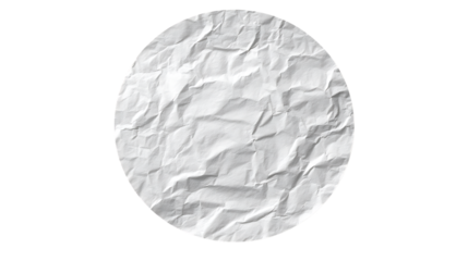 Crumpled white paper texture in a circle isolated on transparent background
