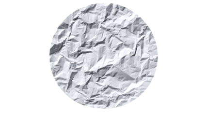 Crumpled white paper texture in a circle isolated on transparent background