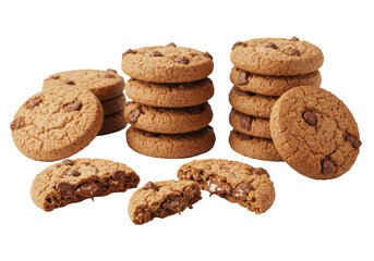 Freshly baked chocolate chip cookies, whole and broken, revealing soft chewy interiors, gooey melted chocolate chips, on a transparent background, gourmet snack concept