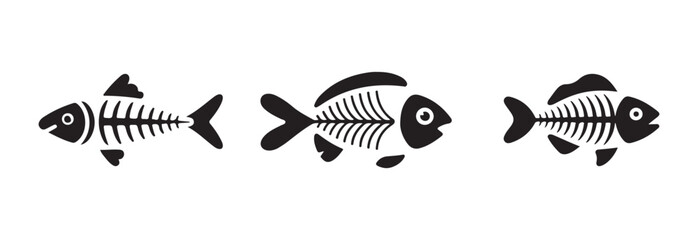 Fish skeleton bone icon set, symbol for pet food, fish bone line art silhouette vector,  vector illustration  EPS 10.