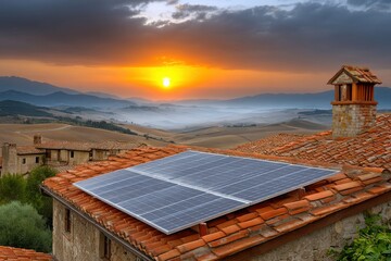 Tuscan rooftops embrace solar power amidst a breathtaking sunset landscape