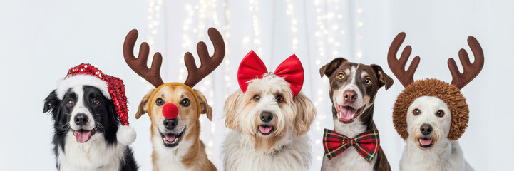 Banner five dogs celebrating christmas holidays wearing a red santa claus hat, reindeer antlers and red present ribbon. Isolated on gray background
