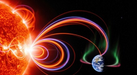 AI generated image - visualization of a magnetic storm from a solar flare, plasma streams envelop planet earth, 3d render style

