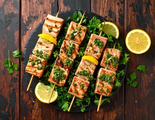 Grilled salmon skewers arranged on a bed of parsley, garnished with lemon slices and a green sauce. The skewers sit on a black slate, with half a lemon nearby, all on a wooden surface.