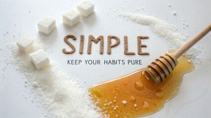 Honey dripping onto a surface with sugar cubes and text