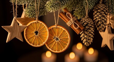 Christmas Ornament Decoration with Dried Orange Slices, Cinnamon, Pine Cones, and Candles
