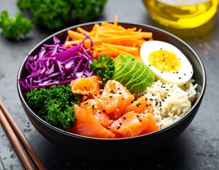 A colorful poke bowl filled with various ingredients like salmon, rice, vegetables, avocado, and a boiled egg. It is arranged attractively and ready to eat.