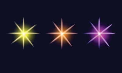 Three Glowing Starbursts In Yellow Orange And Purple light sparkle