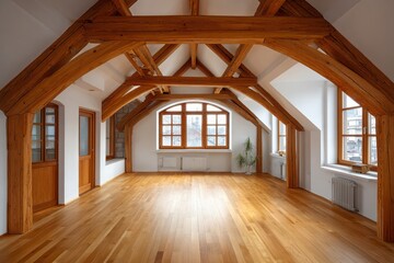 Spacious attic room with exposed wooden beams and hardwood floors
