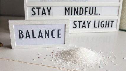 Minimalist composition with paper letters spelling balance near spilled sugar