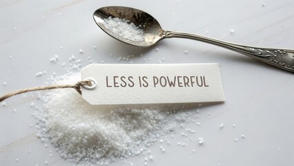 Spoon of sugar beside a tag with message on a white surface