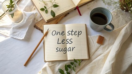 Open journal with message One step Less sugar and coffee
