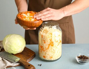 A person is shown preparing sauerkraut, transferring shredded cabbage from a wooden bowl into a large glass jar. A whole cabbage, a grater, and peppercorns are also visible on the table.