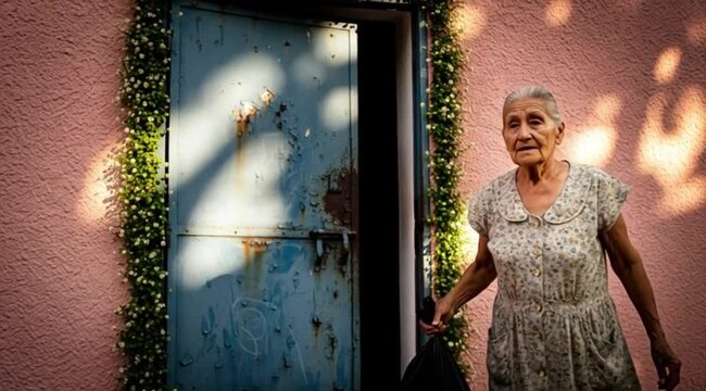 Uma mulher idosa levando o lixo para a rua.