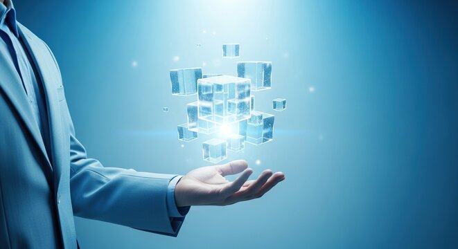 Closeup of a hand holding a glowing 3d cube made of abstract geometric shapes