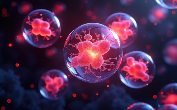 Glowing red cells within transparent spheres biology medical - Powered by Adobe